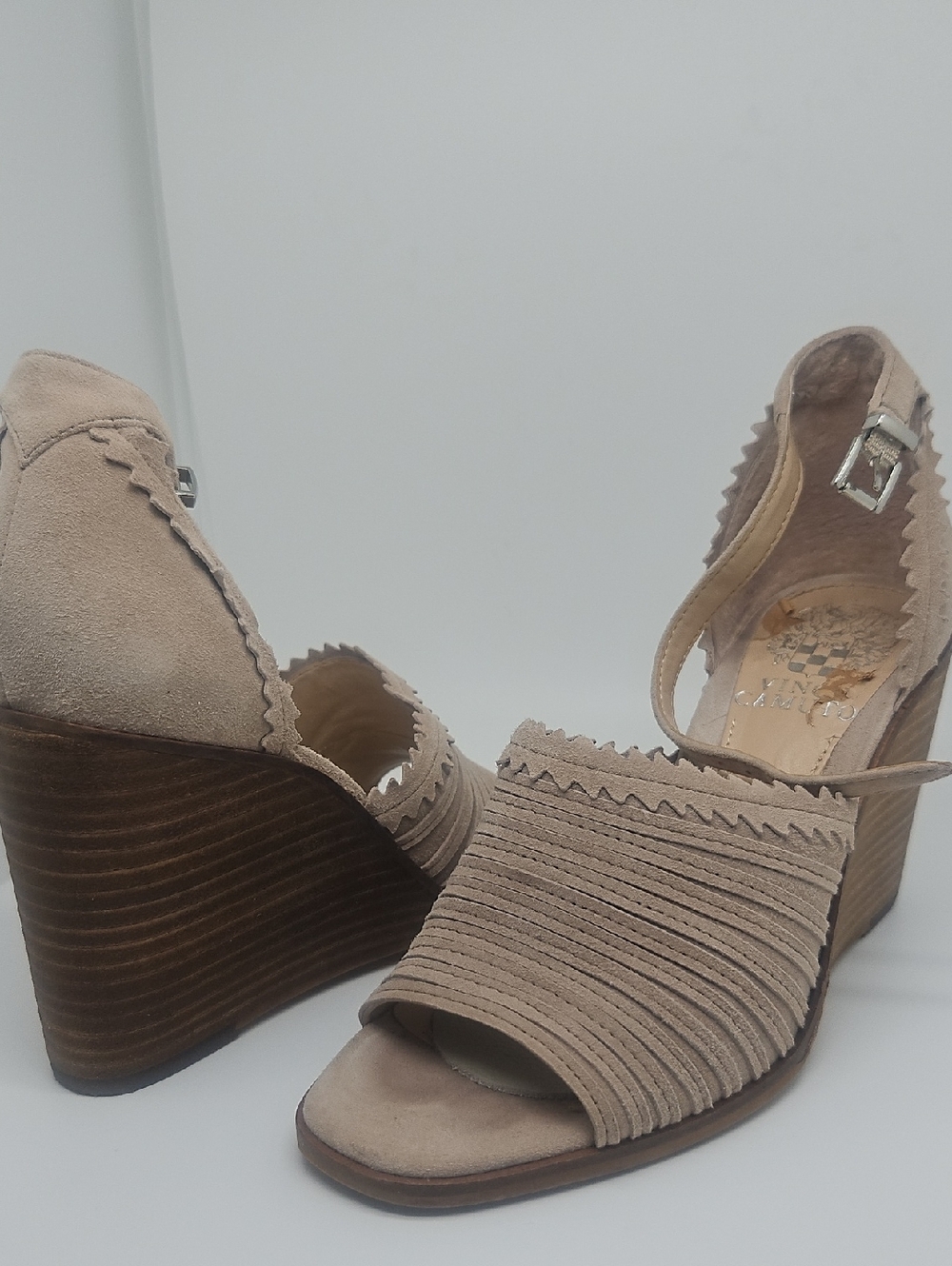Vince Camuto Dovina Taupe Beige Suede Wedge Sandals Shoes with Ankle Strap 5.5